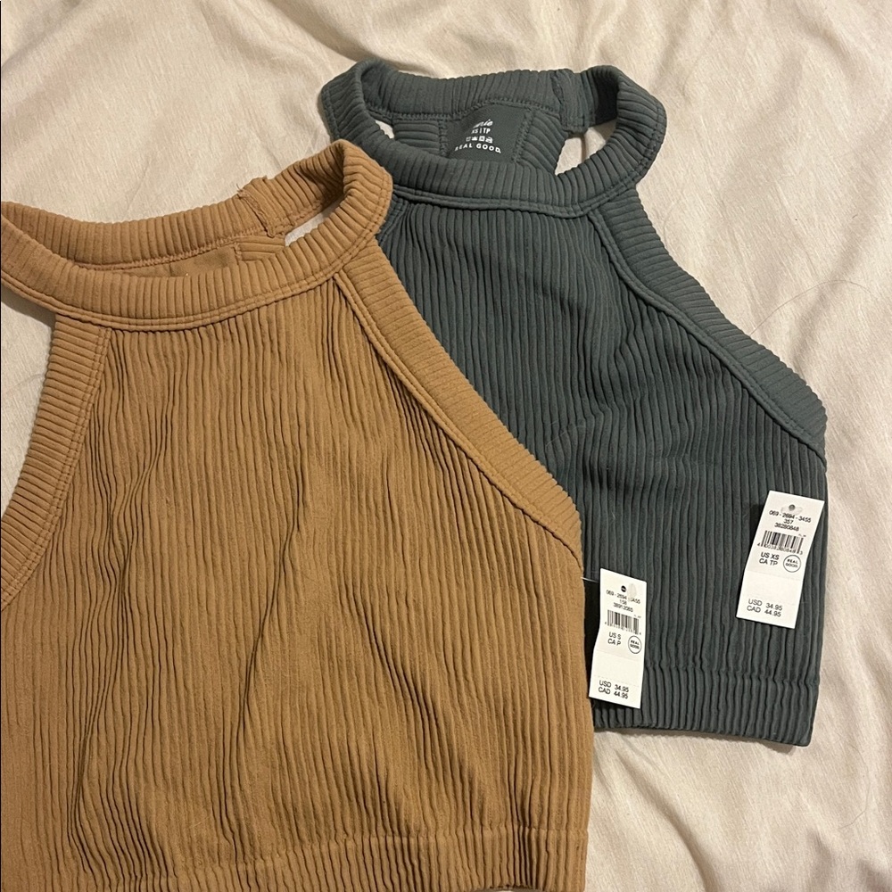 Aerie Ribbed Halter Crop Tops in Tan and Gray